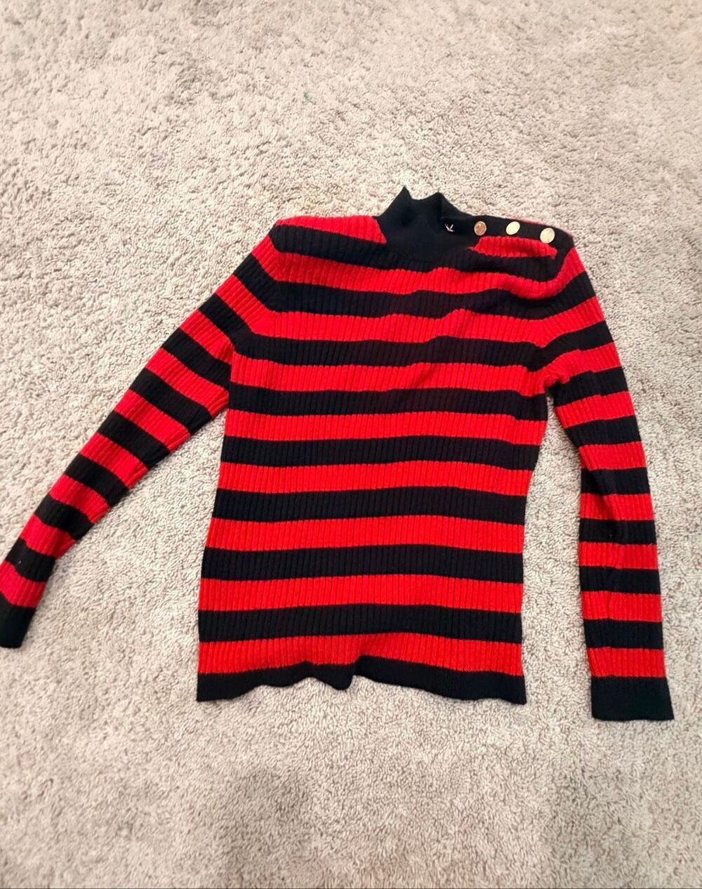 Express Red Black Striped Mock Neck Sweater Gold Shoulder Buttons Size XL